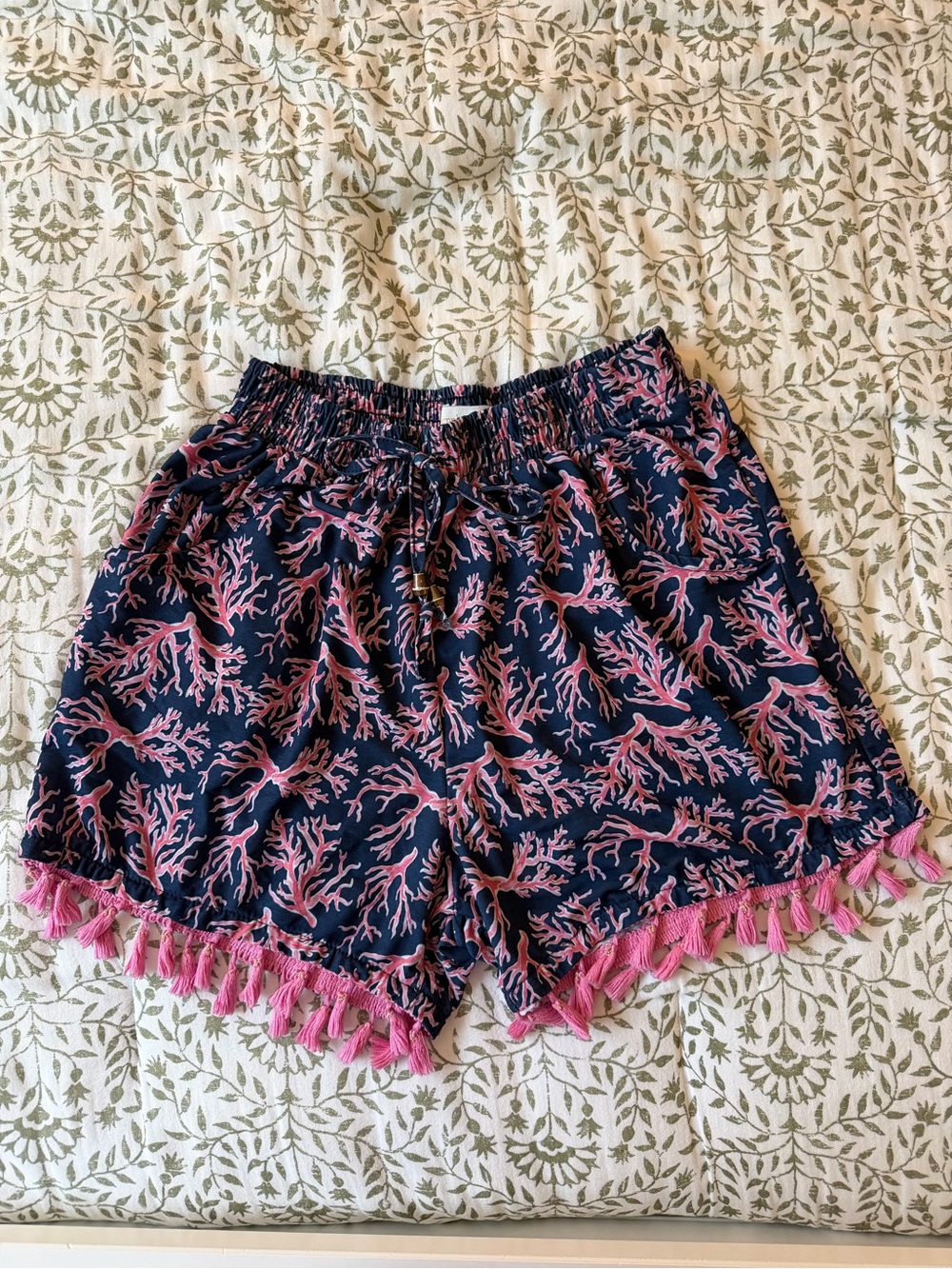 Simply Southern Navy Shorts with Pink Coral Print and Tassels